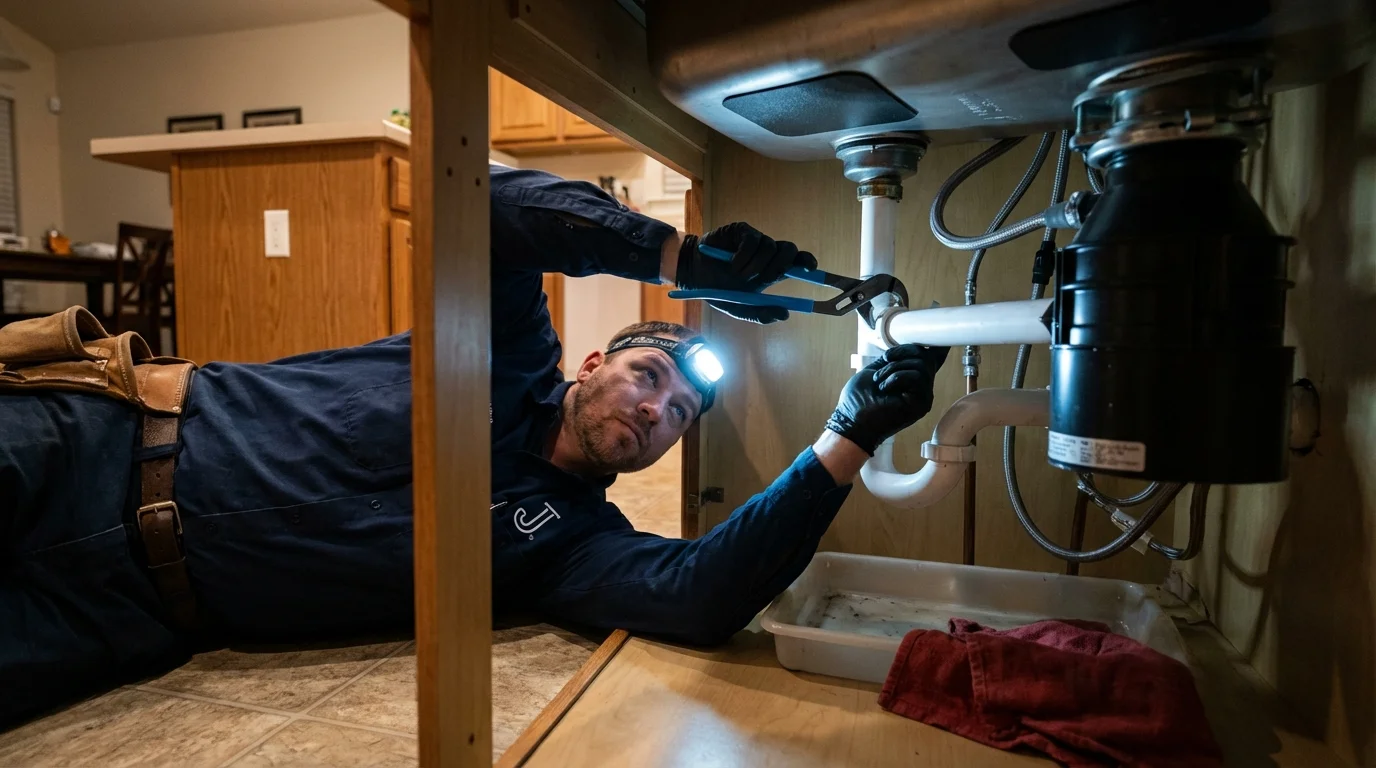 P-trap and supply line connections under a kitchen sink showing a common leak point in Loyal, WI